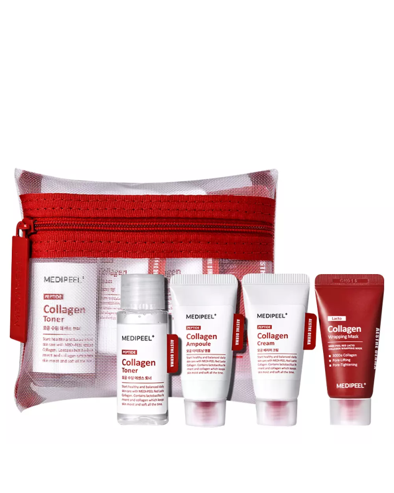This exclusive travel set offers a full range of skin care using unique lacto collagen, which actively combats visible pores