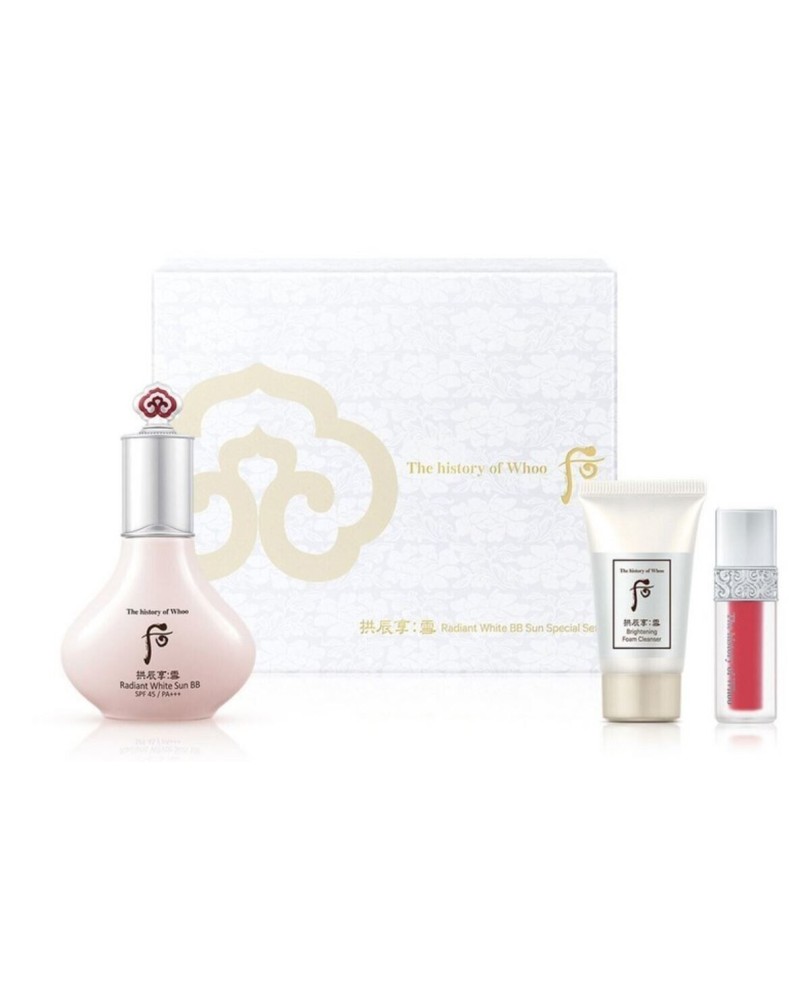 This  Special Set includes the Gongjnhyang Seol Radiant White BB Sun Cream featuring SPF 45 PA+++ to brighten skin while protect