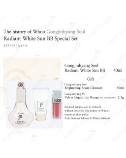 This  Special Set includes the Gongjnhyang Seol Radiant White BB Sun Cream featuring SPF 45 PA+++ to brighten skin while protect