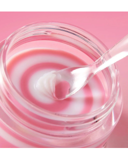 A lip sleeping mask contains PDRN and delivers candy glow and lasting moisture for plump lips.