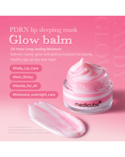 A lip sleeping mask contains PDRN and delivers candy glow and lasting moisture for plump lips.