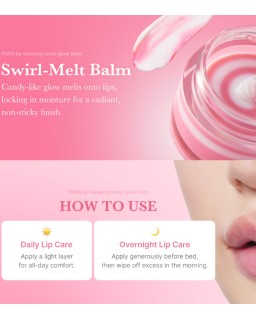 A lip sleeping mask contains PDRN and delivers candy glow and lasting moisture for plump lips.