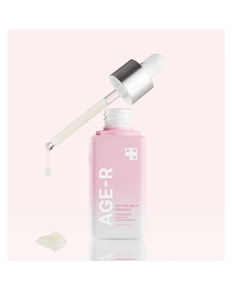 The AGE-R Peptide Mela Ampoule is a targeted intensive care ampoule designed to address freckles and dark spots.