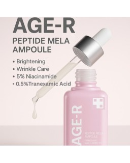 The AGE-R Peptide Mela Ampoule is a targeted intensive care ampoule designed to address freckles and dark spots.