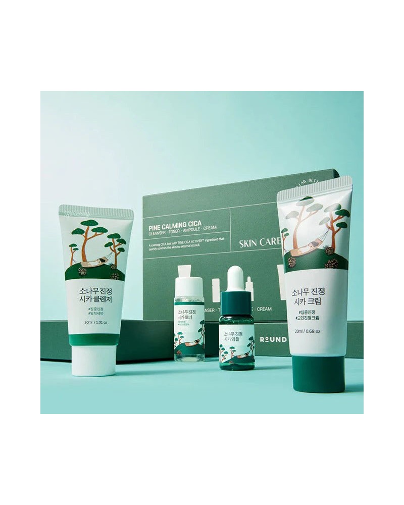 Round Lab Pine Calming Cica Trial Kit contains 4 mini's of the Calming Cica line with Pine Cica Activer™ ingredient that quickly