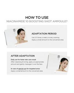La Niacinamide 10 Boosting Shot Ampoule de SKIN1004 es una ampolla avanzada diseñada para mejorar visiblemente la textura
