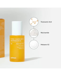 The Celimax Pore+Dark Spot Brightening Serum is a lightweight, fast-absorbing serum that targets dark spots and blemishes.