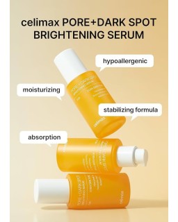 The Celimax Pore+Dark Spot Brightening Serum is a lightweight, fast-absorbing serum that targets dark spots and blemishes.