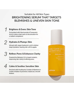 The Celimax Pore+Dark Spot Brightening Serum is a lightweight, fast-absorbing serum that targets dark spots and blemishes.